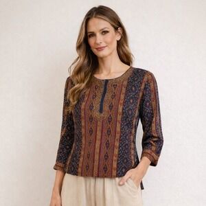 Vintage Neerus Silk Multi Color Print Embellished 3/4 Sleeve Tunic Top